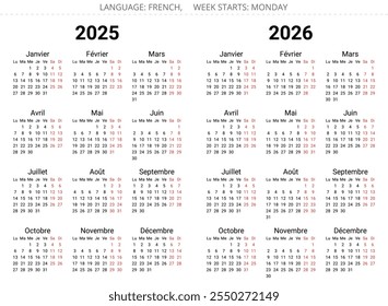 Calendarios franceses de 2025 y 2026. Set de Ilustración vectorial para imprimir para Francia - calendrier