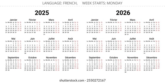 2025 and 2026 year french calendars. Printable vector illustration set for France - calendrier