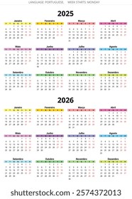 2025, 2026 year portuguese color calendars. Vector illustrations for Portugal and Brazil