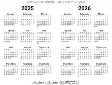 2025 and 2026 year romanian calendars. Vector illustration for Romania and Moldova