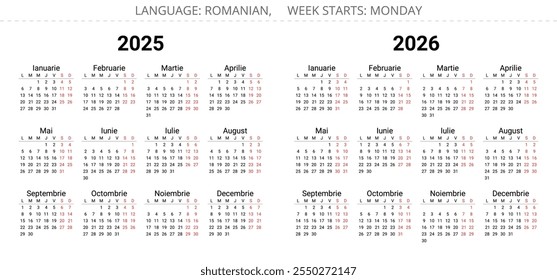 calendários romenos dos anos de 2025 e 2026. Ilustração vetorial para a Romênia e a Moldávia