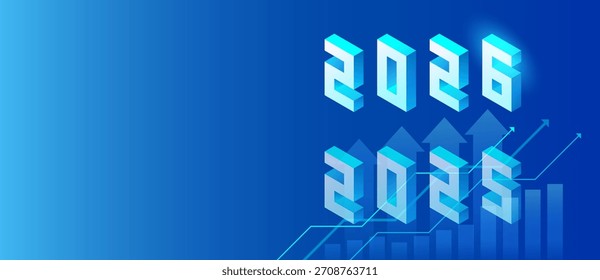 Concepto de transición de año 2025 a 2026 - Fondo de negocios azul abstracto con gráficos de flechas ascendentes para presentaciones de informes corporativos de fin de año - Ilustración vectorial