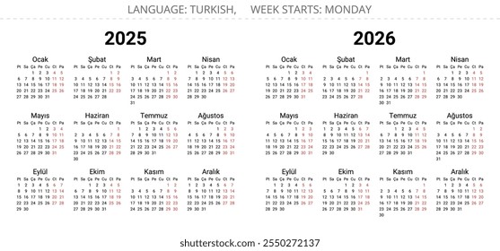 2025 and 2026 year turkish simple calendars. Printable vector illustration collection for Turkey