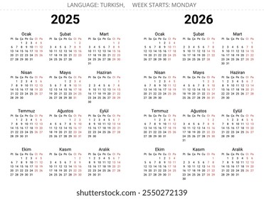 2025 and 2026 year turkish simple calendars. Printable vector illustration collection for Turkey