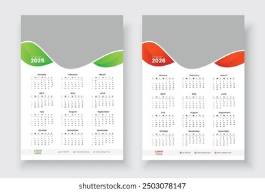 2025, 2026 years calendar, One page wall calendar template design. Minimalist style calendar. Modern 12 months one page calendar.