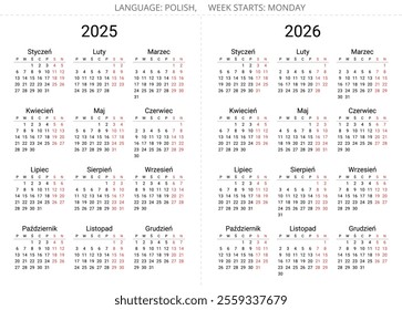 2025 and 2026 years polish calendars. Printable, editable vector illustration for Poland