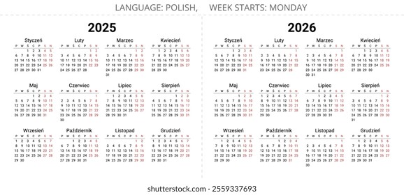 2025 and 2026 years polish calendars. Printable, editable vector illustration for Poland