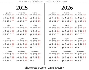 2025 and 2026 years portuguese calendars. Vector illustration set for Portugal