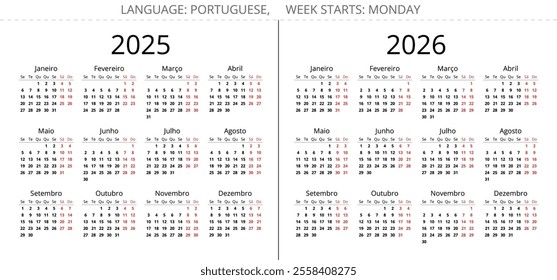 2025 and 2026 years portuguese calendars. Vector illustration set for Portugal