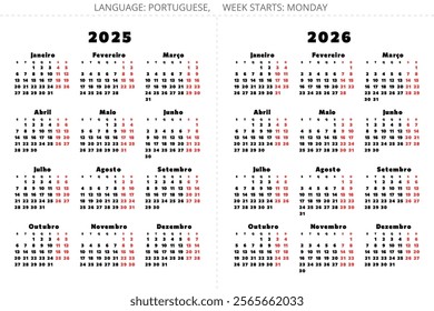 2025, 2026 years portuguese calendars. Vector illustration collection for Portugal