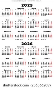 2025, 2026 years portuguese calendars. Vector illustration collection for Portugal