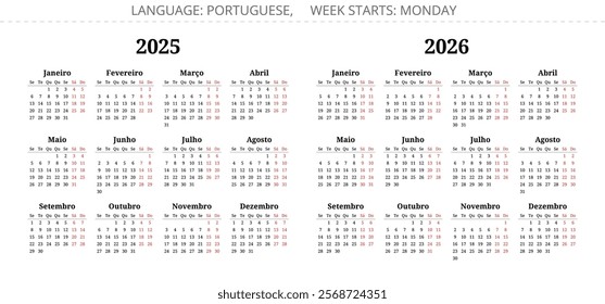 2025, 2026 years portuguese calendars. Vector illustration collection for Portugal and Brazil