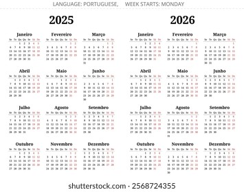 2025, 2026 years portuguese calendars. Vector illustration collection for Portugal and Brazil