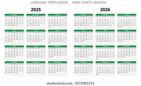 2025, 2026 years portuguese calendars. Vector illustrations for Portugal and Brazil