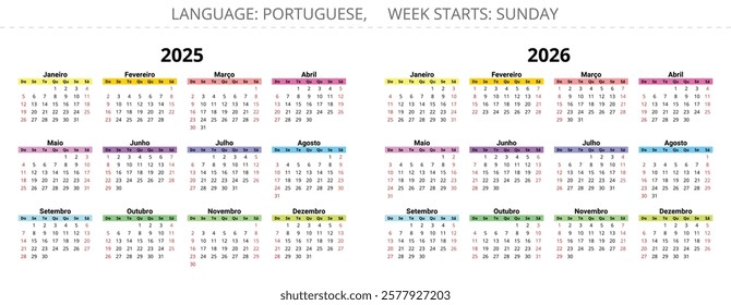 2025, 2026 years portuguese calendars. Vector illustrations for Portugal and Brazil. Week starts sunday