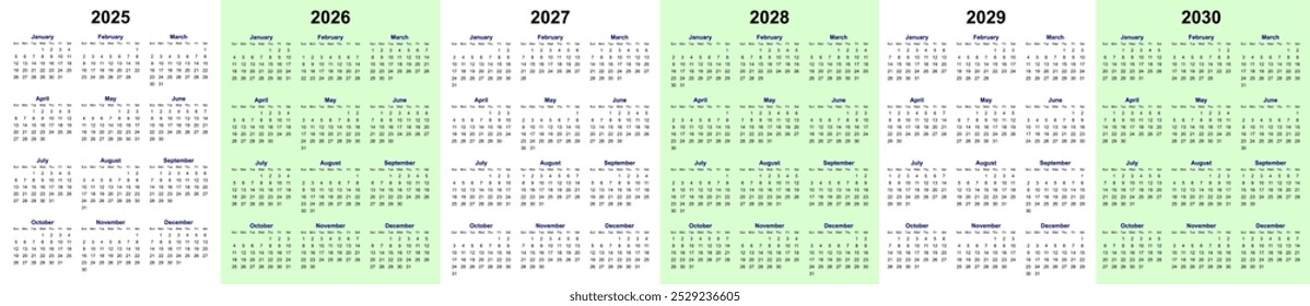 2025 to 2030 calendar design for company promotion, advertisement, office, wall, brand etc purpose. vector eps calendar design.	