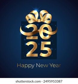 2025, 25 Happy New Year. Shiny golden 2025 in shape of gift box with ribbon, bow on dark background. Greeting card. New Year design for invitation, calendar, greeting card. Vector illustration