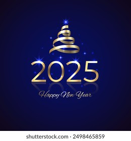 2025, 25 Happy New Year. Shiny golden 2025 with Christmas tree. New Year design for invitation, greeting card, calendar. Shiny gold logo, ribbon. Holiday greeting card. Party event decoration, vector