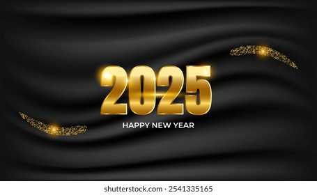 2025 3d metallic luxury golden number. Happy new year and merry Christmas luxury gold wishes clipart sticker greetings on black curtain background banner