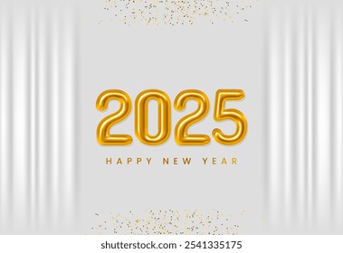 2025 3d metallic luxury golden number. Happy new year and merry Christmas luxury gold wishes clipart sticker greetings on luxury white background banner