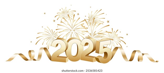 2025 3D number banner, gold fireworks and ribbons isolated