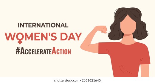 2025 AccelerateAction Banner. Rectangular poster for March 8 - International Women's Day. The girl shows her strength in her hand. Vector flat illustration.