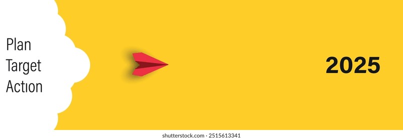 2025 action plan target. Red paper plane flying into the future.	