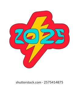 2025 against background of bright red and yellow lightning. New Year velcro for sticker pack or gift card in old style of 2000. Cartoon Y2K retro sticker on white background