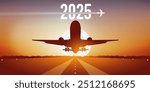 2025 airline greeting card, showing a plane taking off from an airport runway, in front of a sunset.