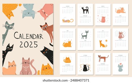 2025 Annual Calendar animals, Layout with cute baby Doodle Cats animal. Set of 12 month vector illustration, Hand Drawn kitten character in cartoon style isolated on white background. Cover scribble