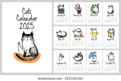 2025 Annual Calendar animals. Set of 12 month illustration. Hand Drawn Sketch of funny cats isolated on white background. 