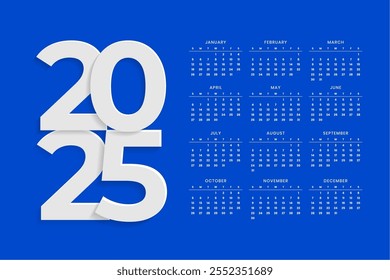 2025 annual calendar blue template design vector