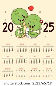 2025 annual calendar. Couple cute snakes with heart. Funny kawaii character. Vector vertical template 12 months in English. Week starts Sunday. 2025 year snake according to eastern calendar Stationery
