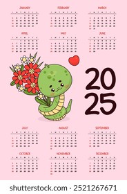 2025 annual calendar. Cute snake character with bouquet flowers on pink. Vector vertical template 12 months in English. Week starts Sunday. 2025 year snake according to eastern calendar. Stationery