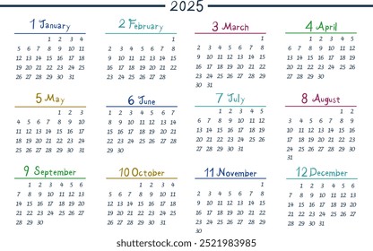 2025 Annual Calendar - Starts on Sunday