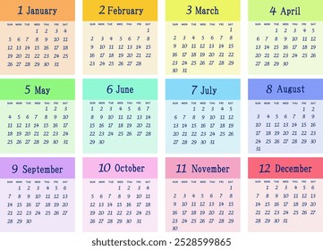 2025 Annual Calendar - Starts on Sunday