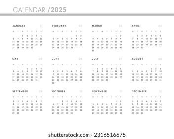 2025 Annual Calendar template. Vector layout of a wall or desk simple calendar with week start monday.