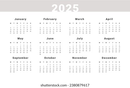 2025 Annual Calendar template. Vector layout of a wall or desk simple calendar with week start Monday. Calendar design in black and white colors