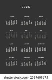2025 Annual Calendar template. Vector layout of a wall or desk simple calendar with week start Monday. Monochrome Calendar design in dark colors