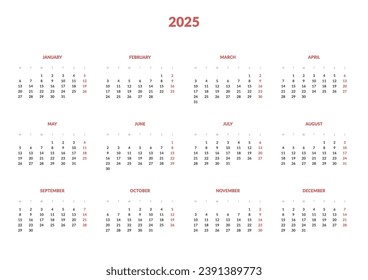 Vorlage für den Jahreskalender 2025. Vektorgrafik einer Wand oder Schreibtisch einfachen Kalender mit Wochenstart Montag. Kalender-Design in Schwarz-Weiß-Farben, Feiertage in roten Farben.