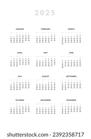 2025 Annual Calendar template. Vector layout of a wall or desk simple calendar with week start Monday. Calendar design in black and white colors