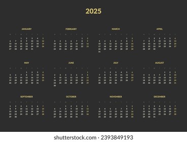 2025 Annual Calendar template. Vector layout of a wall or desk simple calendar with week start Monday. Calendar design in yellow and dark colors