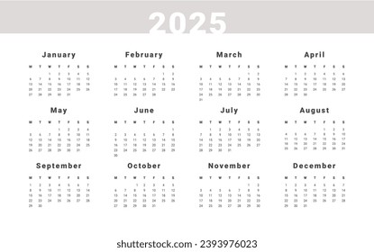 2025 Annual Calendar template. Vector layout of a wall or desk simple calendar with week start Monday. Calendar design in black and white colors, holidays in red colors.