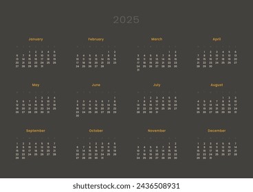 2025 Annual Calendar template. Vector layout of a wall or desk simple calendar with week start Monday. Page for size A4 or 21x29.7 cm in dark color