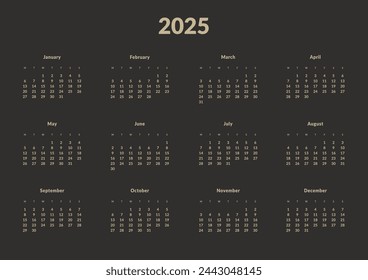 2025 Annual Calendar template. Vector layout of a wall or desk simple calendar with week start Monday. Page for size A4 or 21x29.7 cm in dark color