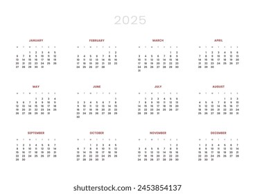 2025 Annual Calendar template. Vector layout of a wall or desk simple calendar with week start Monday. Page for size A4 or 21x29.7