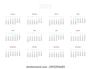 2025 Annual Calendar template. Vector layout of a wall or desk simple calendar with week start Monday. Page for size A4 or 21x29.7