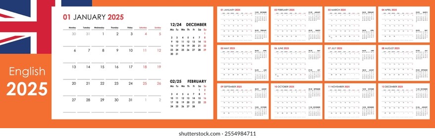 2025 annual calendar, wall or desk planner, 12 boards