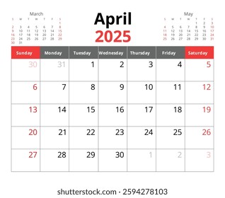 2025 april calendar. A vector English monthly calendars. Design with Sunday start