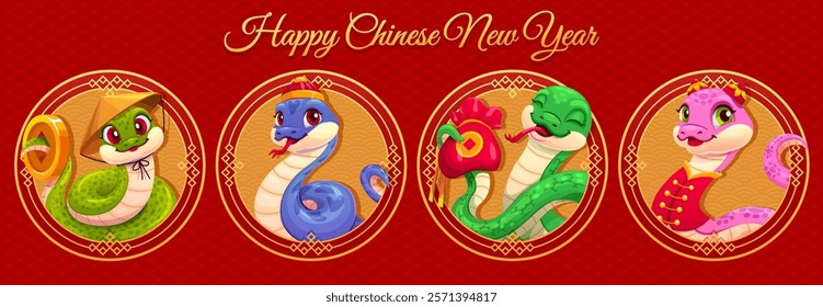 2025 Asian horoscope snakes collage on happy Chinese new year banner. Funny reptiles hold gold coin and money pouch, wearing traditional festive attire, celebrate prosperity and wealth for Cny holiday